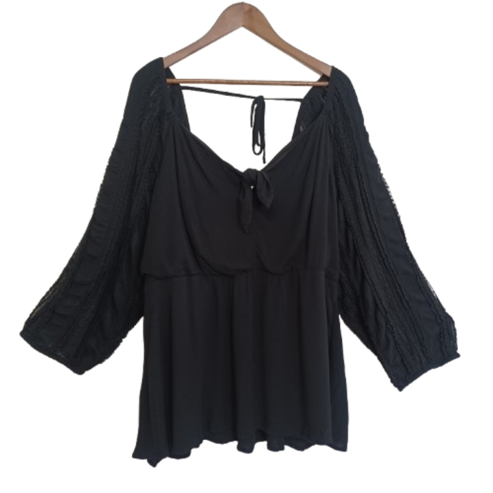 TORRID Women's Plus Size 4  Shirt Black Lace Tie Front Long Sleeve Blouse Top